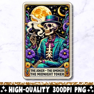 Carta de tarô The Joker Smoker Midnight Toker PNG, design de sublimação de esqueleto, caneca de camiseta da moda de tarô de caveira gótica PNG, download digital