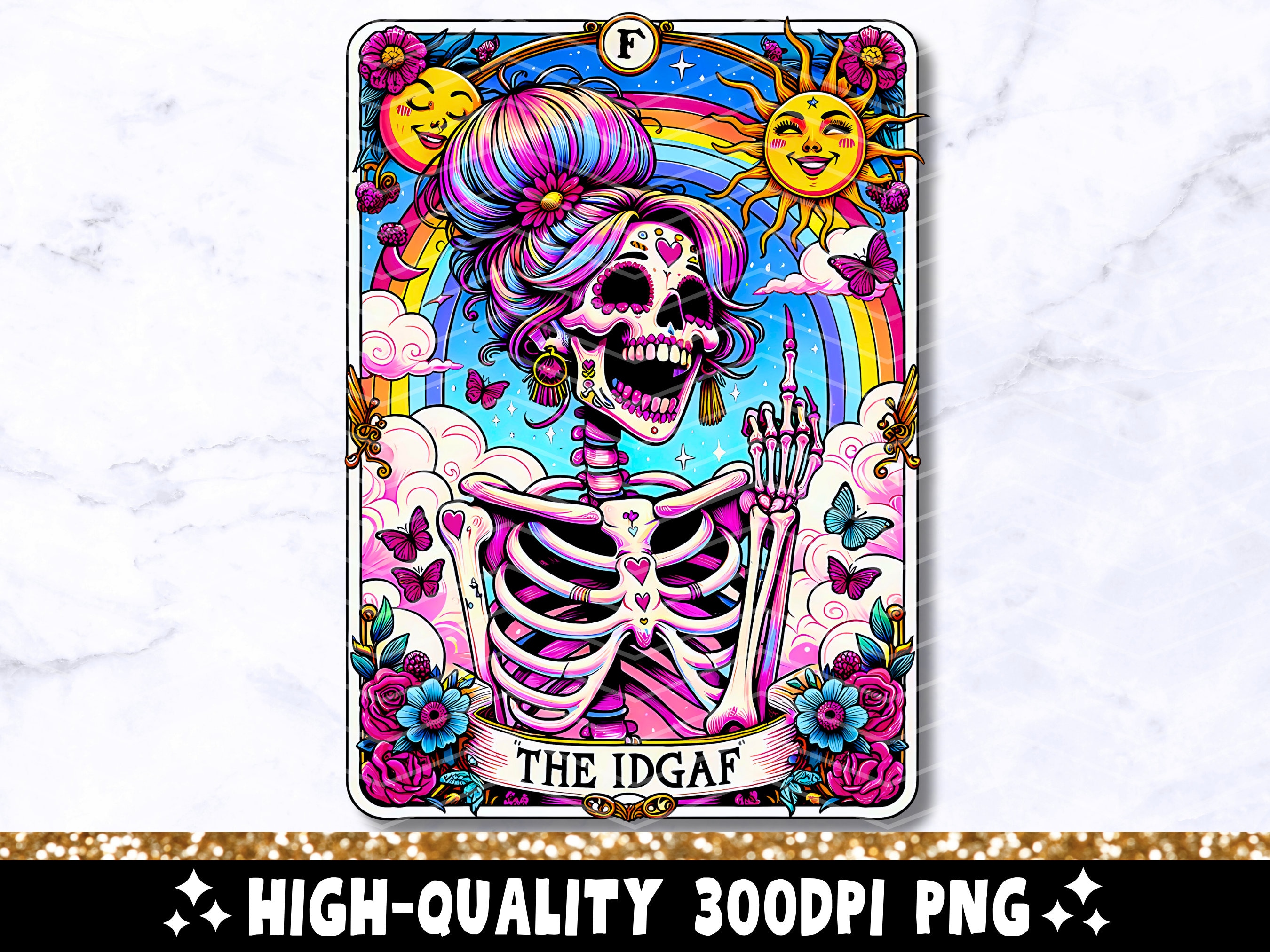 The IDGAF Funny Tarot Card PNG, Sarcastic Sweary Skeleton Skull