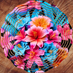Pu&ograve; includere: Un bouquet colorato di fiori rosa, blu e arancioni con uno sfondo geometrico.