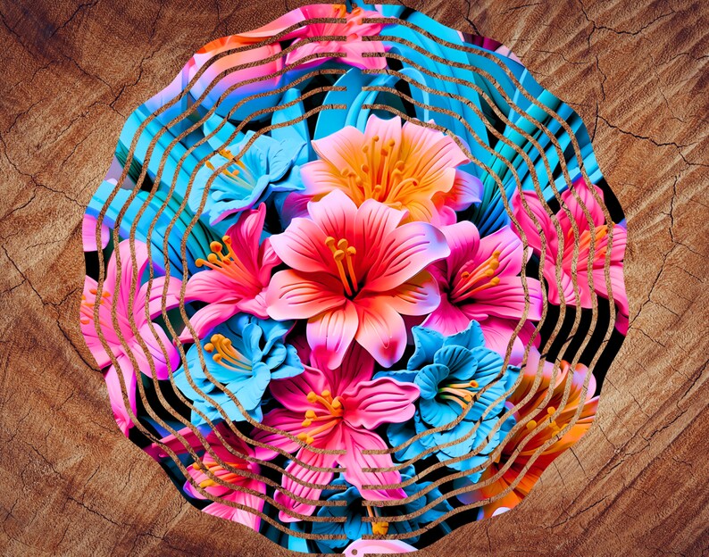 Pu&ograve; includere: Un bouquet colorato di fiori rosa, blu e arancioni con uno sfondo geometrico.