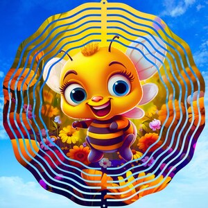 May include: A yellow and black cartoon bee with a smiling face and large eyes is featured on a colorful metal wind spinner. The wind spinner has a circular shape with blue and yellow stripes.