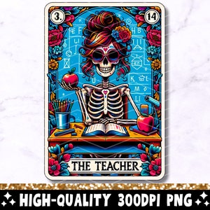 De leraar tarotkaart PNG, skelet sublimatie ontwerp, grappige hekserij onderwijs schedel tarot T-shirt mok png-bestand, leraar digitale download
