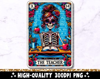 De leraar tarotkaart PNG, skelet sublimatie ontwerp, grappige hekserij onderwijs schedel tarot T-shirt mok png-bestand, leraar digitale download