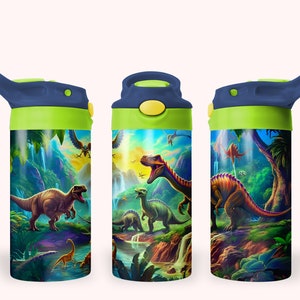 Dinosaurier 12 Unzen Kinder Flip Top Schnabeltasse Tumbler Wrap, 12 Unzen gerader Becher Sublimation PNG, Kinder Dinosaurier Tumbler Wrap Design PNG