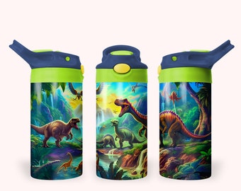 Dinosaurs 12oz Kids Flip Top Sippy Cup Tumbler Wrap, 12oz Straight Tumbler Sublimation PNG, Childrens Dinosaur Tumbler Wrap Design PNG