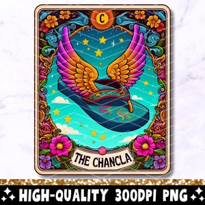 Die Chancla Tarot Karte PNG, lustiges mexikanisches Sublimationsdesign, spanische Chancla Loteria Tarot T-Shirt Becher PNG, Chancla Survivor, Herunterladen