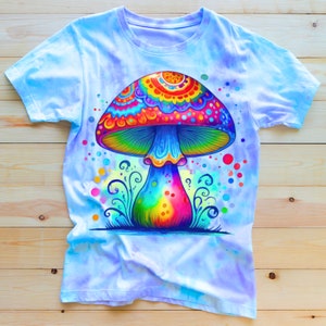 May include: A tie-dye t-shirt with a colorful psychedelic mushroom graphic. The mushroom is depicted with a rainbow of colors and intricate patterns.