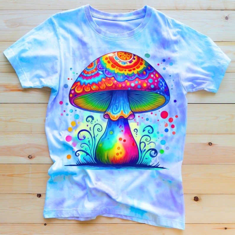 May include: A tie-dye t-shirt with a colorful psychedelic mushroom graphic. The mushroom is depicted with a rainbow of colors and intricate patterns.