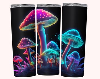 Neon Glow Mushrooms Tumbler Wrap, 20oz Skinny Tumbler Wrap Sublimation PNG, Straight & Tapered Tumbler Wrap PNG, Magic Mushrooms, Download