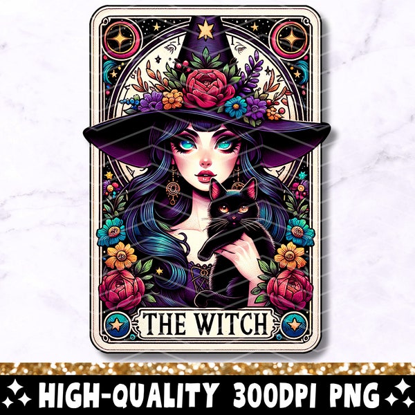 The Witch Tarot Card PNG, Gothic Sublimation Design, Pretty Witchy Vibes Wicca Pagan Black Cat Cool Tarot T-shirt Mug PNG, Digital Download