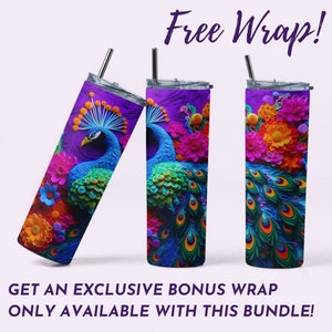 Pu&ograve; includere: Tre bicchieri in acciaio inossidabile con base viola e un design di pavone colorato. I bicchieri sono disposti in fila, con il bicchiere centrale a fuoco. Il testo "Free Wrap!" &egrave; visualizzato sopra i bicchieri. Il testo "Get an Exclusive Bonus Wrap Only Available With This Bundle!" &egrave; visualizzato sotto i bicchieri.