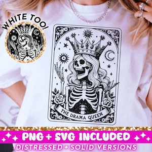 Die Drama Queen Lustige Tarot-Karte SVG PNG, sarkastisches Skelett Sublimationsdesign, Witchy Vibes T-Shirt Design SVG Png Datei Digitaler Download