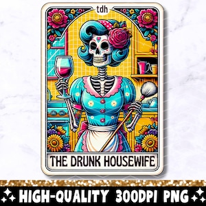 Carta de tarô engraçada da dona de casa bêbada PNG, design de sublimação de esqueleto sarcástico, caneca atrevida de camiseta da moda com crânio de bruxa PNG, download digital
