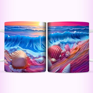 May include: A white ceramic mug with a colorful seashell and ocean wave design. The mug features a sunset scene with pink, orange, and blue hues. The design is reminiscent of a beach scene with seashells and waves.