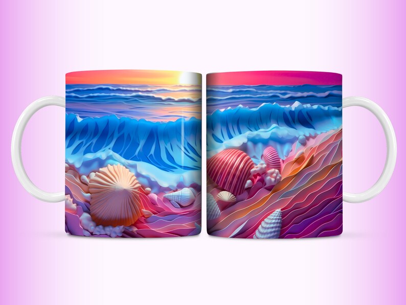 May include: A white ceramic mug with a colorful seashell and ocean wave design. The mug features a sunset scene with pink, orange, and blue hues. The design is reminiscent of a beach scene with seashells and waves.