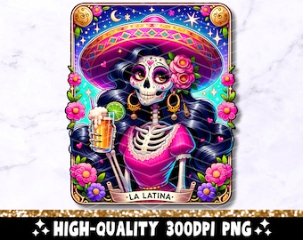 La Latina Tarot Card PNG, Funny Mexican Sublimation Design, Spanish Chingona Skeleton Chola Catrina Skull T-Shirt Mug Loteria PNG, Download
