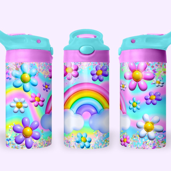 Pretty 3D Rainbows 12oz Kids Flip Top Sippy Cup Tumbler Wrap, 12oz Straight Tumbler Sublimation PNG, Puffy Sparkly Tumbler Design For Girls