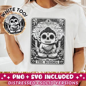 Carta del Tarot de Buda SVG PNG, diseño de sublimación de esqueleto popular, archivo de corte SVG de camiseta de calavera de moda, descarga digital budista Siddhartha