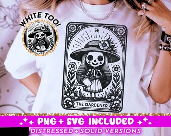 May include: White t-shirt with a black and white illustration of a skeleton wearing a hat and holding a watering can. The illustration is in a frame with the text "The Gardener" at the bottom. The text "White Too!" is in a circle at the top left of the image.