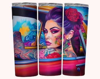 Chicana Tumbler Wrap, Sublimación de envoltura de vaso flaco de 20 oz PNG, Descarga instantánea, Envoltura de vaso recto + cónico PNG, Diseño de vaso Chola