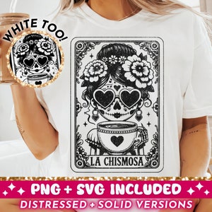 La Chismosa lustige Tarot-Karte SVG PNG, Latein Skelett Sublimationsdesign, Spanisch Chisme Mexikanischer Schädel T-Shirt Becher Png SVG Schnitt Dateidownload