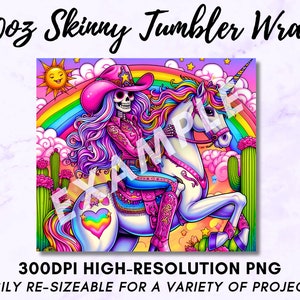 May include: A digital download of a 300 DPI high-resolution PNG image featuring a colorful illustration of a skeleton wearing a pink cowboy hat riding a rainbow unicorn. The background is a rainbow with clouds and cacti. The image is easily re-sizable for a variety of projects.