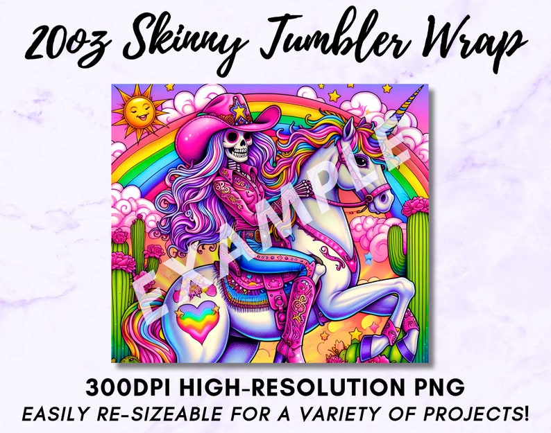 May include: A digital download of a 300 DPI high-resolution PNG image featuring a colorful illustration of a skeleton wearing a pink cowboy hat riding a rainbow unicorn. The background is a rainbow with clouds and cacti. The image is easily re-sizable for a variety of projects.