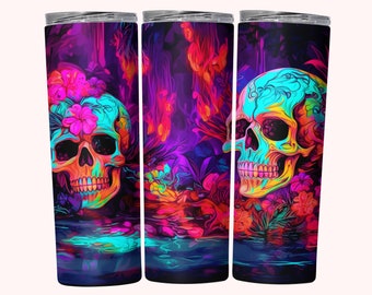 Neon Skull Tumbler Wrap, 20oz Skinny Tumbler Wrap Sublimation PNG, Instant Download, Straight + Tapered Tumbler Wrap, Neon Skulls Design PNG