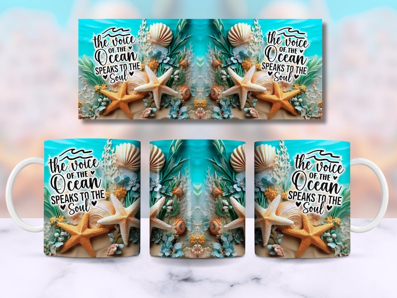 May include: White ceramic mug with a blue and green ocean scene featuring seashells, starfish, and seaweed. The text "the voice of the Ocean speaks to the Soul" is printed on the mug.