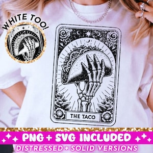 Le taco tarot drôle de carte SVG PNG, sublimation squelette, Witchy Vibes mexicain Latina T-Shirt Design fichier SVG png, téléchargement numérique