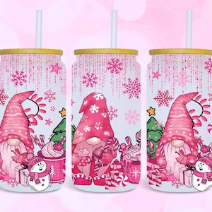 Cute Christmas Gnomes 16oz Glass Can Wrap, Digital Download UV DTF Sublimation Design, 16oz Holiday Gnome Glass Jar Tumbler Libbey Wrap PNG