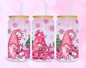 Lindos gnomos navideños 16oz Glass Can Wrap, Descarga digital Diseño de sublimación UV DTF, 16oz Holiday Gnome Glass Jar Tumbler Libbey Wrap PNG