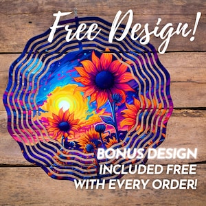 image showing that a free wind spinner wrap digital design sublimation png is included with the purchase.  the design is neon colored sunflowers