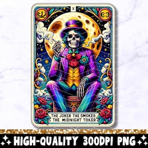 Carta de tarô The Joker Smoker Midnight Toker PNG, design de sublimação de esqueleto, caneca de camiseta da moda de tarô de caveira gótica PNG, download digital