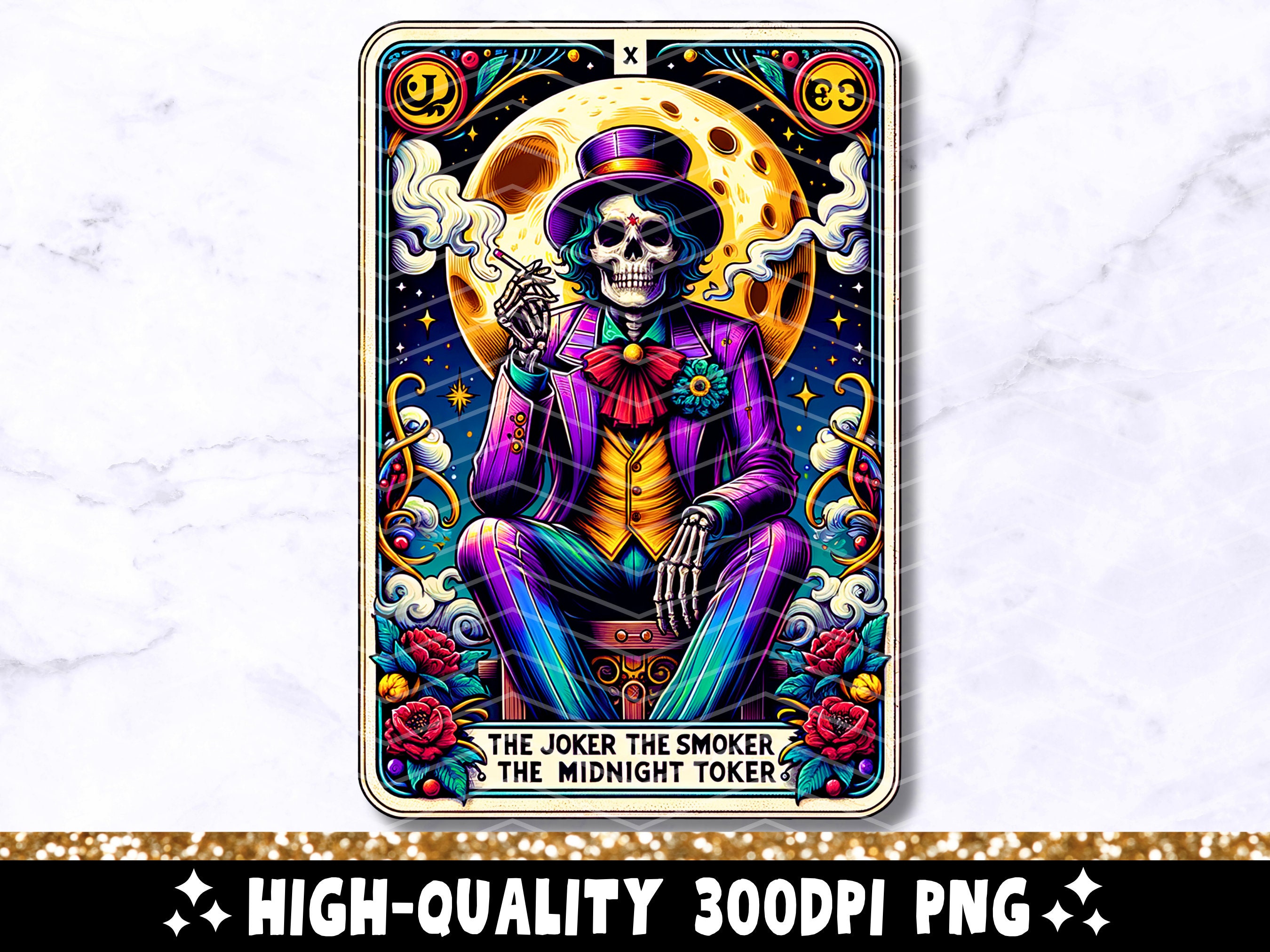 The Joker Smoker Midnight Toker Tarot Card PNG, Skeleton