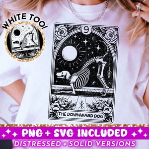 Downward Dog Tarot Karte SVG PNG, lustiges Yoga Skelett Sublimationsdesign, Witchy Vibes T-Shirt Design png SVG Cut File, digitaler Download