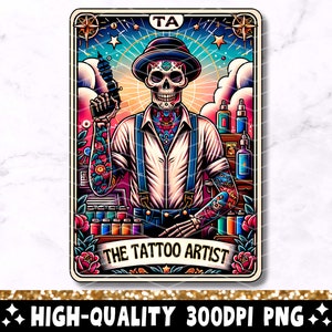 A carta de tarô do tatuador PNG, design legal de sublimação de esqueleto, adesivo de caneca de camiseta gótica de crânio moderno PNG, download digital
