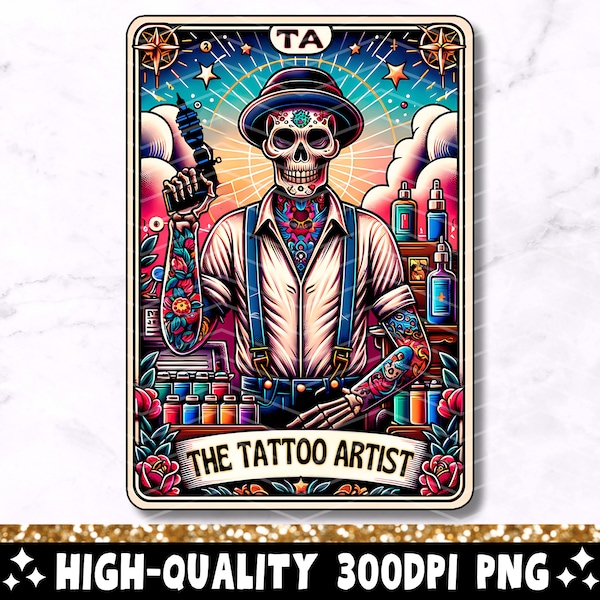 The Tattoo Artist Tarot Card PNG, Cool Skeleton Sublimation Design, Trendy Skull Gothic Tattoist T-Shirt Mug Sticker PNG, Digital Download