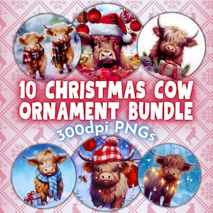Cute Cow Christmas Ornament PNG Files Bundle, Holiday Round Ornament Sublimation Design Template, Baby Winter Cow PNG, Digital Download