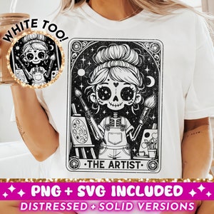 La carta del tarot del artista SVG PNG, diseño de sublimación del pintor esqueleto, camiseta de arte artesanal divertido brujo taza png SVG archivo de corte, descarga digital