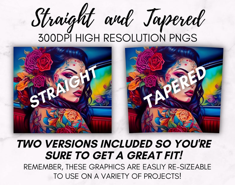 image showing that the digital design download sublimation tumbler wrap will include two files.  one file is for a 20oz straight skinny tumbler.  the other file is for a tapered tumbler