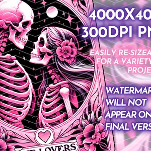 K&ouml;nnte beinhalten: Eine digitale Illustration in Pink und Schwarz von zwei sich umarmenden Skeletten, umrahmt von einem dekorativen Rahmen. Der Text "LOVE LOVERS" und Details zu Gr&ouml;&szlig;e und Aufl&ouml;sung sind enthalten.