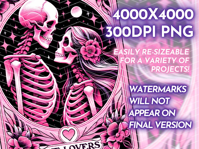 K&ouml;nnte beinhalten: Eine digitale Illustration in Pink und Schwarz von zwei sich umarmenden Skeletten, umrahmt von einem dekorativen Rahmen. Der Text "LOVE LOVERS" und Details zu Gr&ouml;&szlig;e und Aufl&ouml;sung sind enthalten.