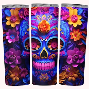 3D Sugar Skull Tumbler Wrap Sublimation, 20oz Skinny Tumbler Sublimation Design Digital Download PNG, 3D Day Of The Dead Skull Tumbler PNG