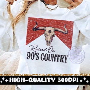 90年代カントリーミュージックPNG、レトロヴィンテージカントリーガール風のクールなTシャツ昇華デザイン、トレンドの雄牛の頭蓋骨、デジタルダウンロード