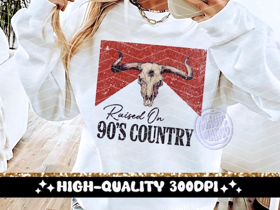 Raised On 90s Country Music PNG, Retro Vintage Country Girl Distressed Cool T-Shirt Sublimation Design, Trendy Bull Skull, Digital Download