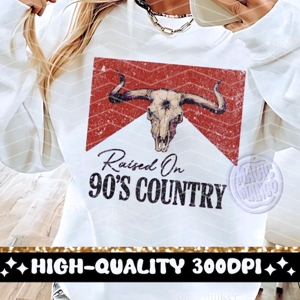 Criado con música country de los 90, diseño de sublimación de camiseta desgastada de chica country retro vintage, calavera de toro moderna, descarga digital
