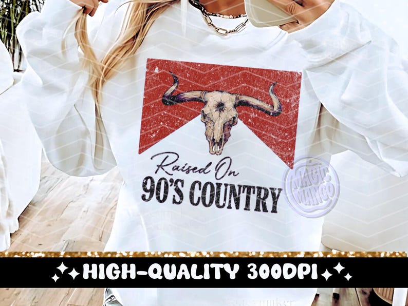 Retro PNG clip art style image of a cow skull with the words raised on 90s country with a distressed finish.  retro png digital design png for sublimation