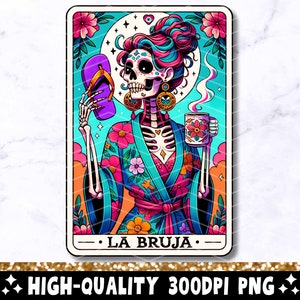 La Bruja Tarot Karte PNG, lustige mexikanische Mutter Sublimationsdesign, spanische Witchy Latein Skelett Catrina Mama Chancla T-Shirt Becher PNG, Download