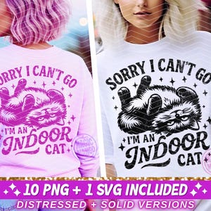 以下が含まれることがあります： ピンクと白のTシャツのデザインで、黒い猫と「申し訳ありませんが、行けません。私は屋内猫です」というテキストが書かれています。